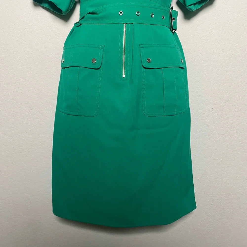 Michael Kors Kelly Green Knee Length Front Zip Dress Cuffed Sleeve Preppy Polish